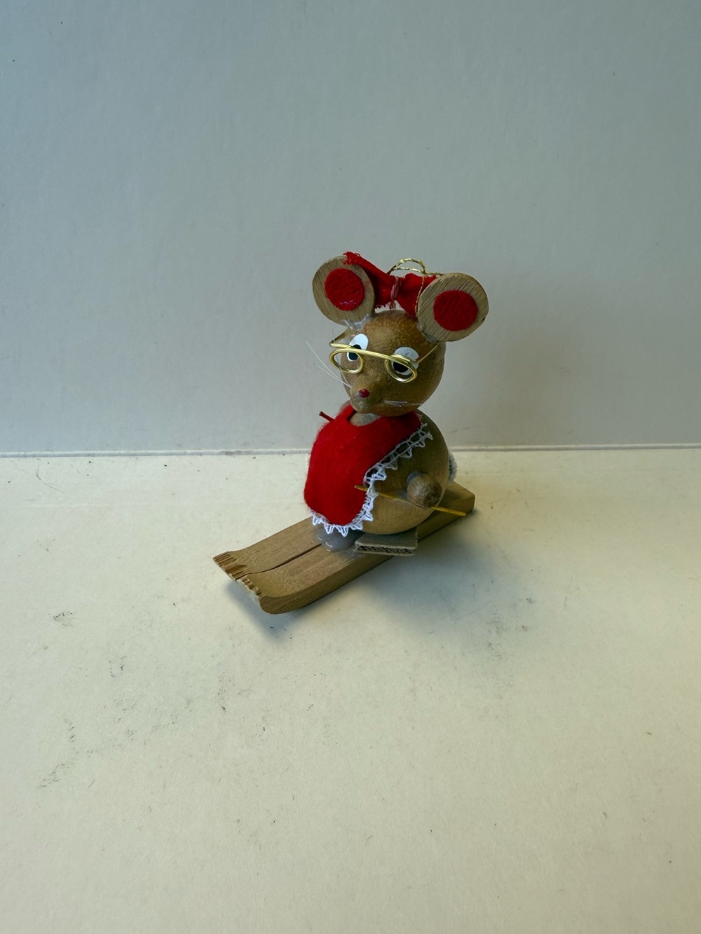 Vintage Handcrafted Wooden Country Christmas Mouse Skiing in Red Outfit Ornament